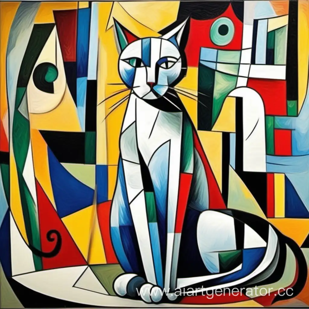 рисунок в художественном направлении кубизм кот сидит у картины Пикассо
