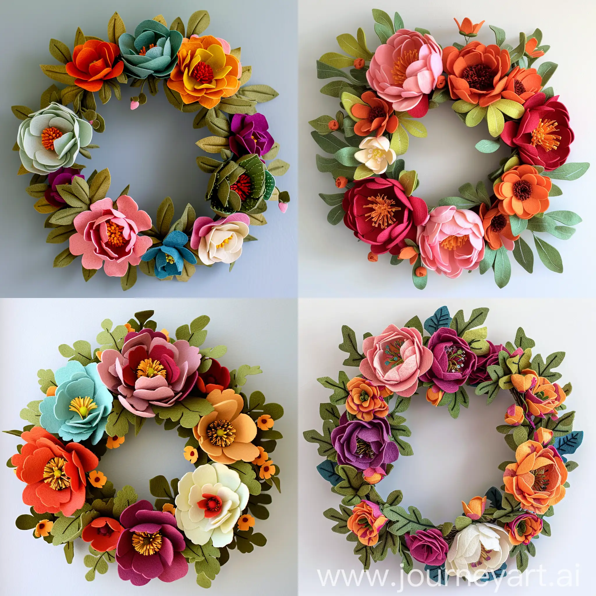 decorative wreath of peony and poppies made from felt sheets simple design symmetrical color harmony simple design not many details