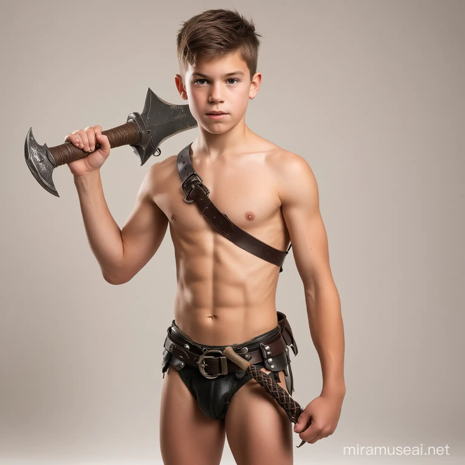 A very young shirtless muscular teenage boy warrior wearing a very short loincloth with a big leather belt, carrying an axe, a bow and a sword, white background.