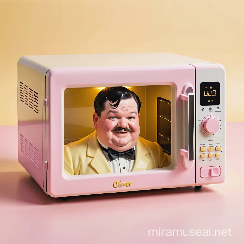 faça uma imagem de Oliver Hardy com um microwave nas cores rosa claro, amarelo claro e branco