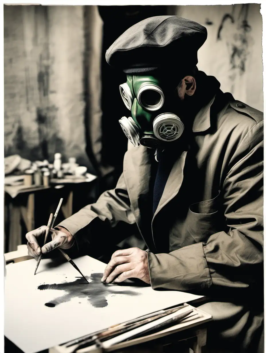 Man with Gas mask wearing overcoat and beret painting a picture sketch