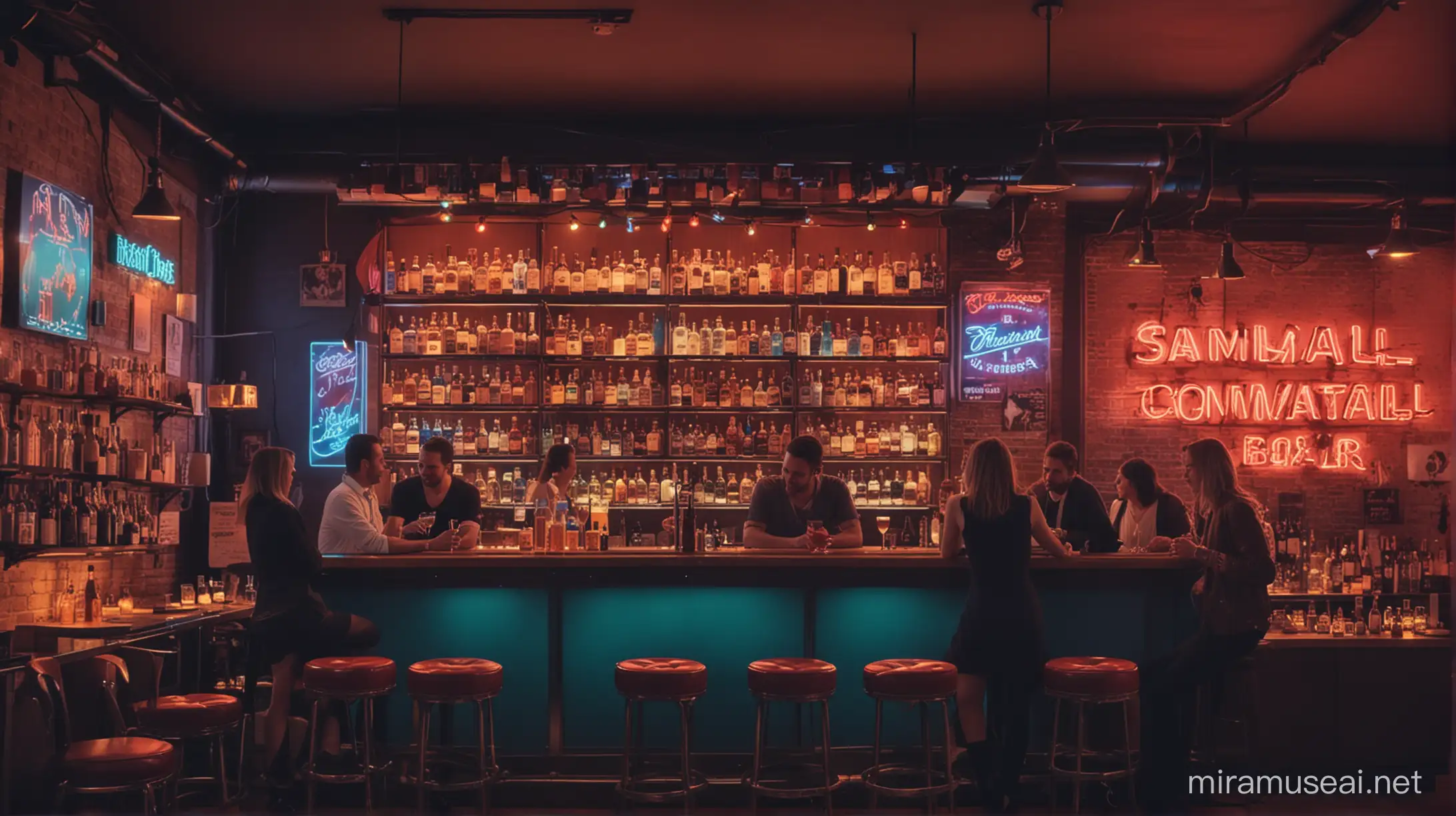 Casually Dressed People Enjoying Drinks in a Cozy Cocktail Bar with Warm Ambient Lighting and Colorful Decor