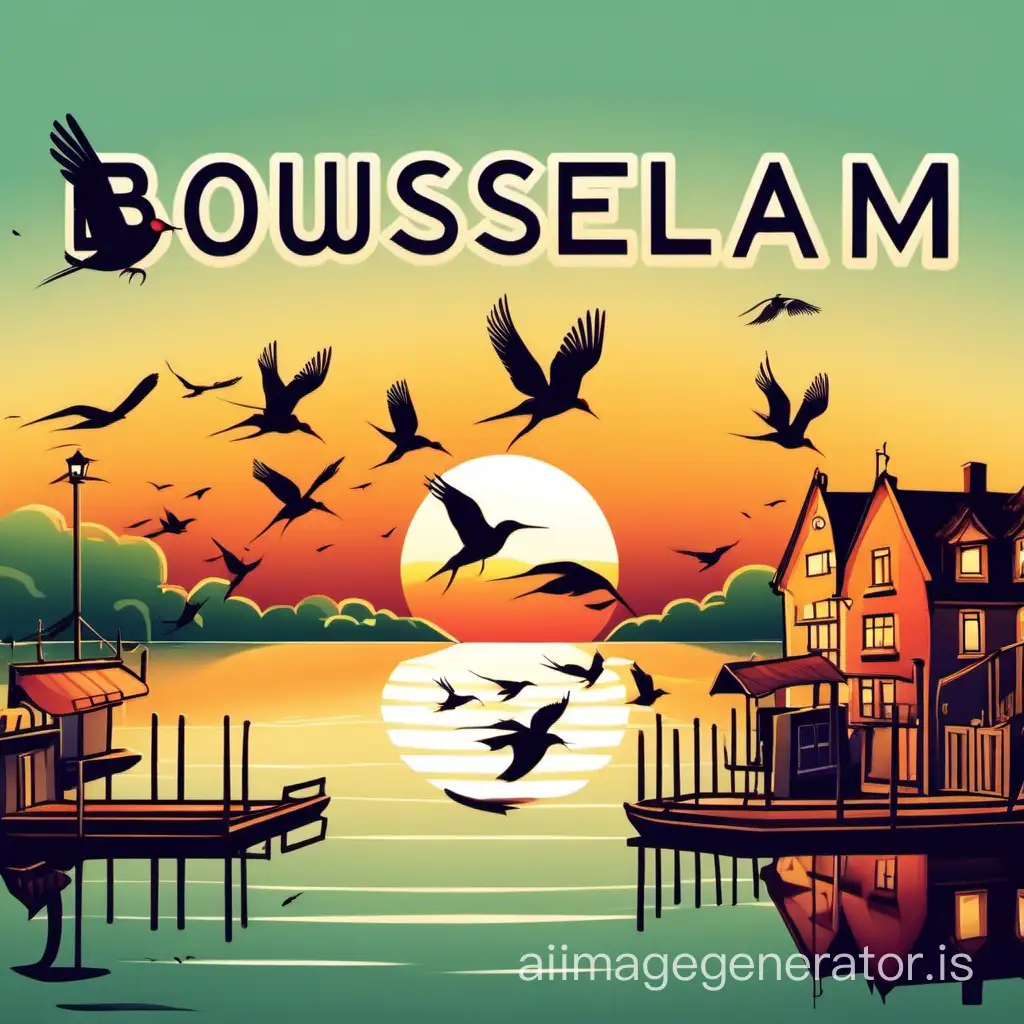 a logo of a lake town with birds and sunset named BOUSSELHAM