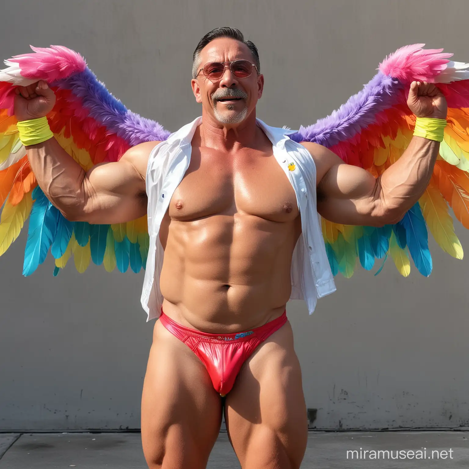 Muscular Daddy Flexing in Rainbow Eagle Wings Jacket with Doraemon