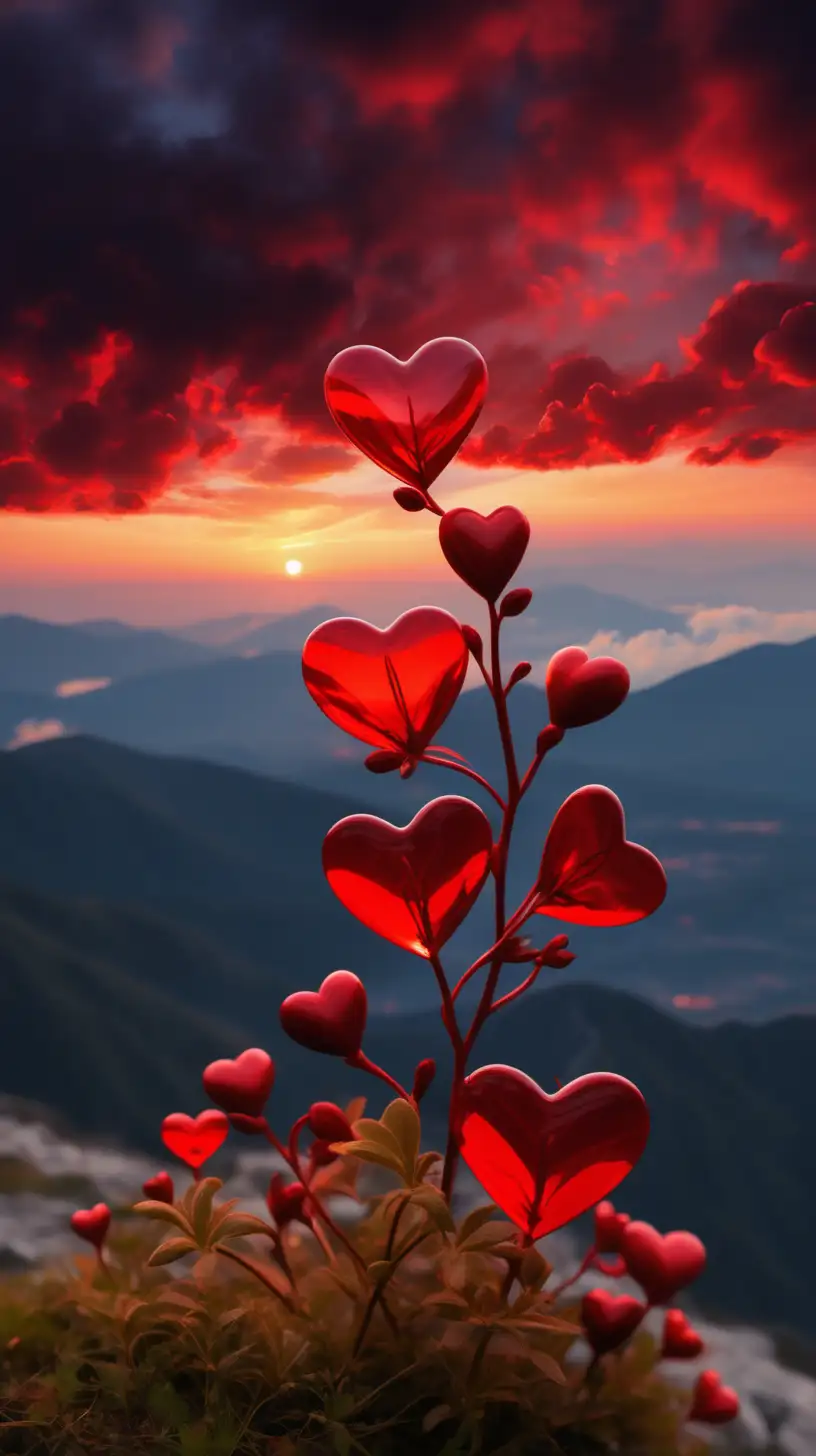 A sprig of red heart-shaped flowers. on the Mountain, At Sunset. clouds Dark red color. Very beautiful
