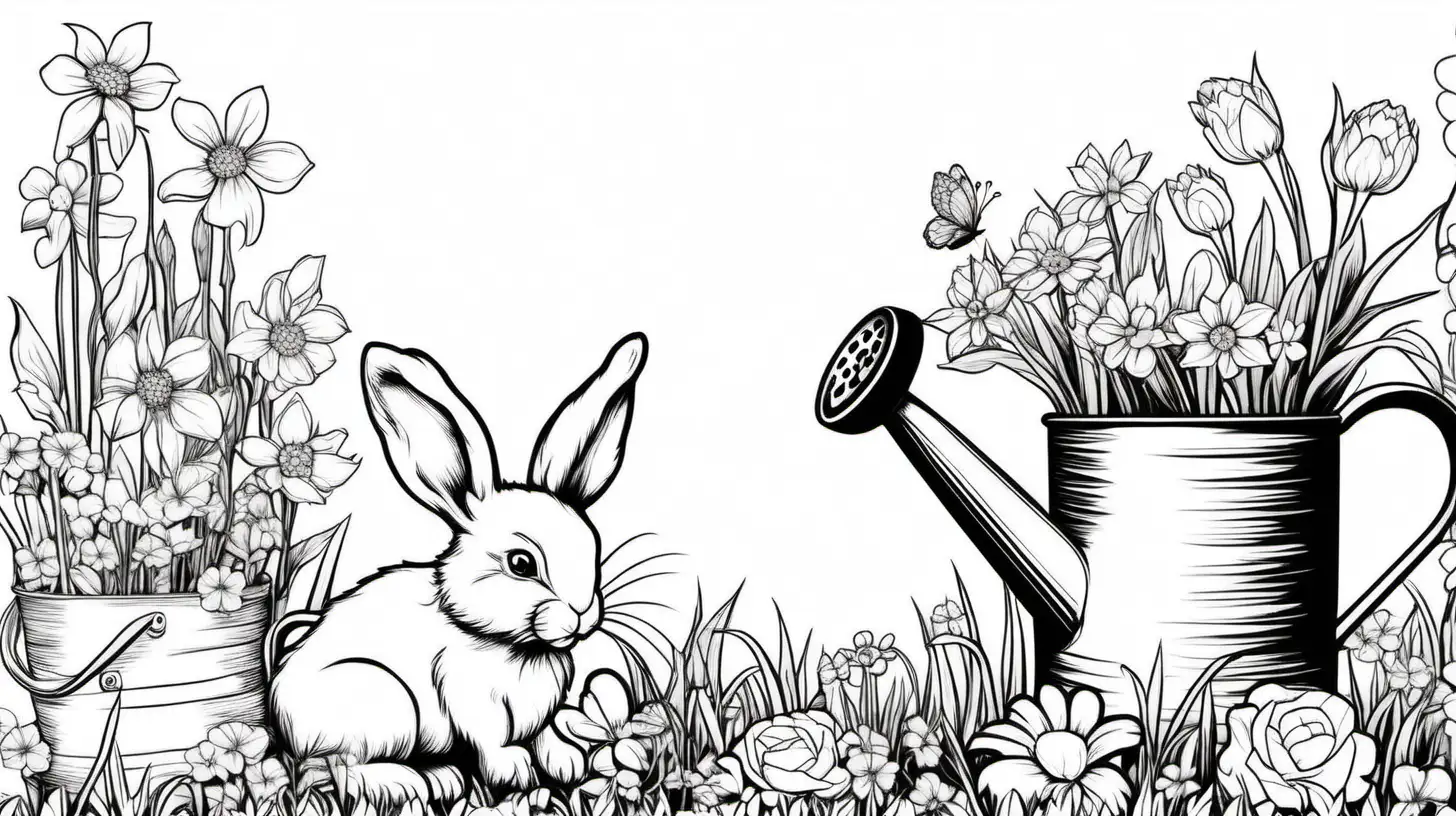 a line border of spring flowers with one watering can and a bunny, black and white, white background