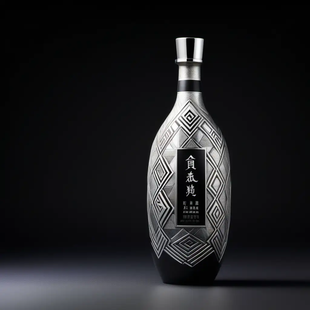 Chinese liquor packaging design, high end liquor, 500 ml ceramic bottle, photograph images, high details, silver  and black geometric texture, original and interesting bottle shape