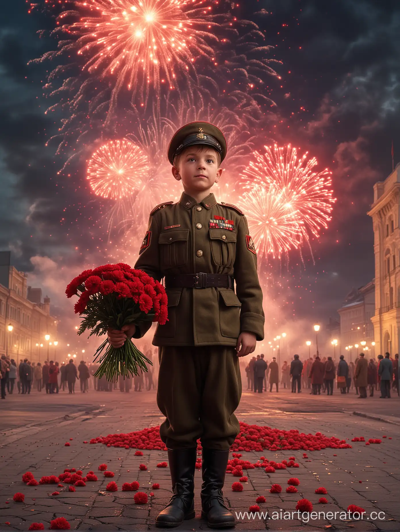Маленький мальчик в форме солдата СССР стоит на площади, мальчик держит в руках букет красной гвоздики, в небе большой яркий салют, очень реалистично