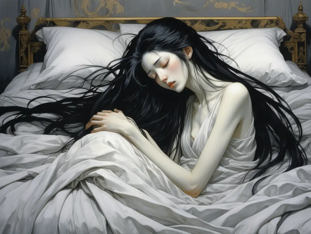 Chica,pelo negro largo , pálida, delgada, el estilo artístico es de Amano con técnicas de pintura clásica. Se despierta en su cama y se está tapando los ojos con la manos porque está llorando , tiene el pelo despeinado , las sábanas de la cama son blancas y la habitación gris.  Solo se ve la cama 