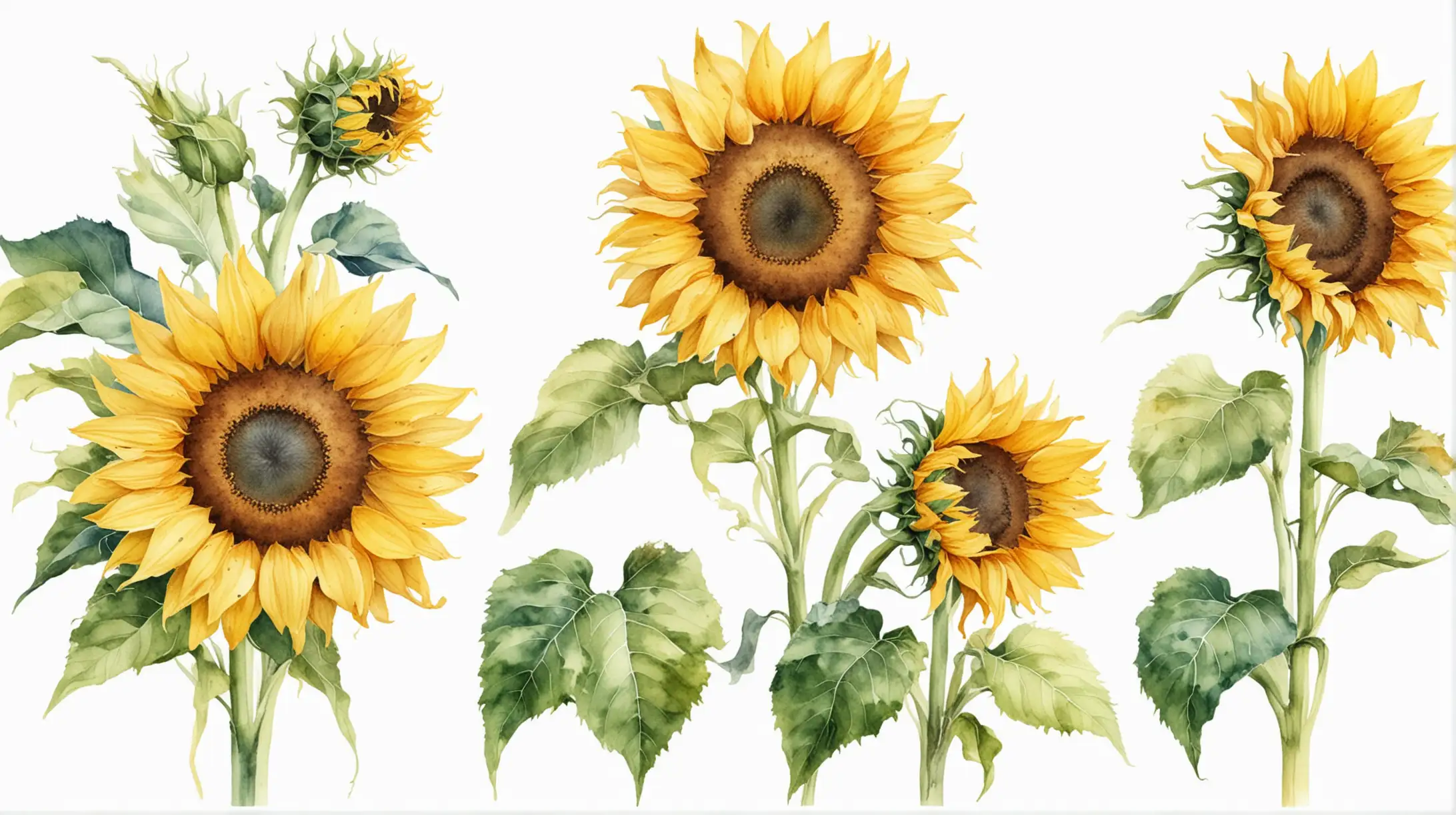 6 various sunflowers, messy watercolor painted, isolated on a white background  