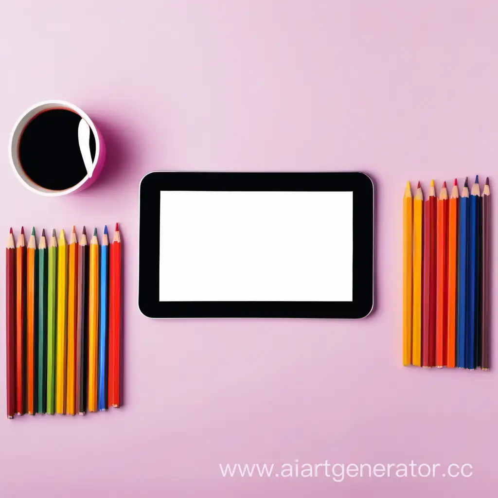 Top-View-of-Childrens-Table-with-Tablet-and-Colored-Pencils