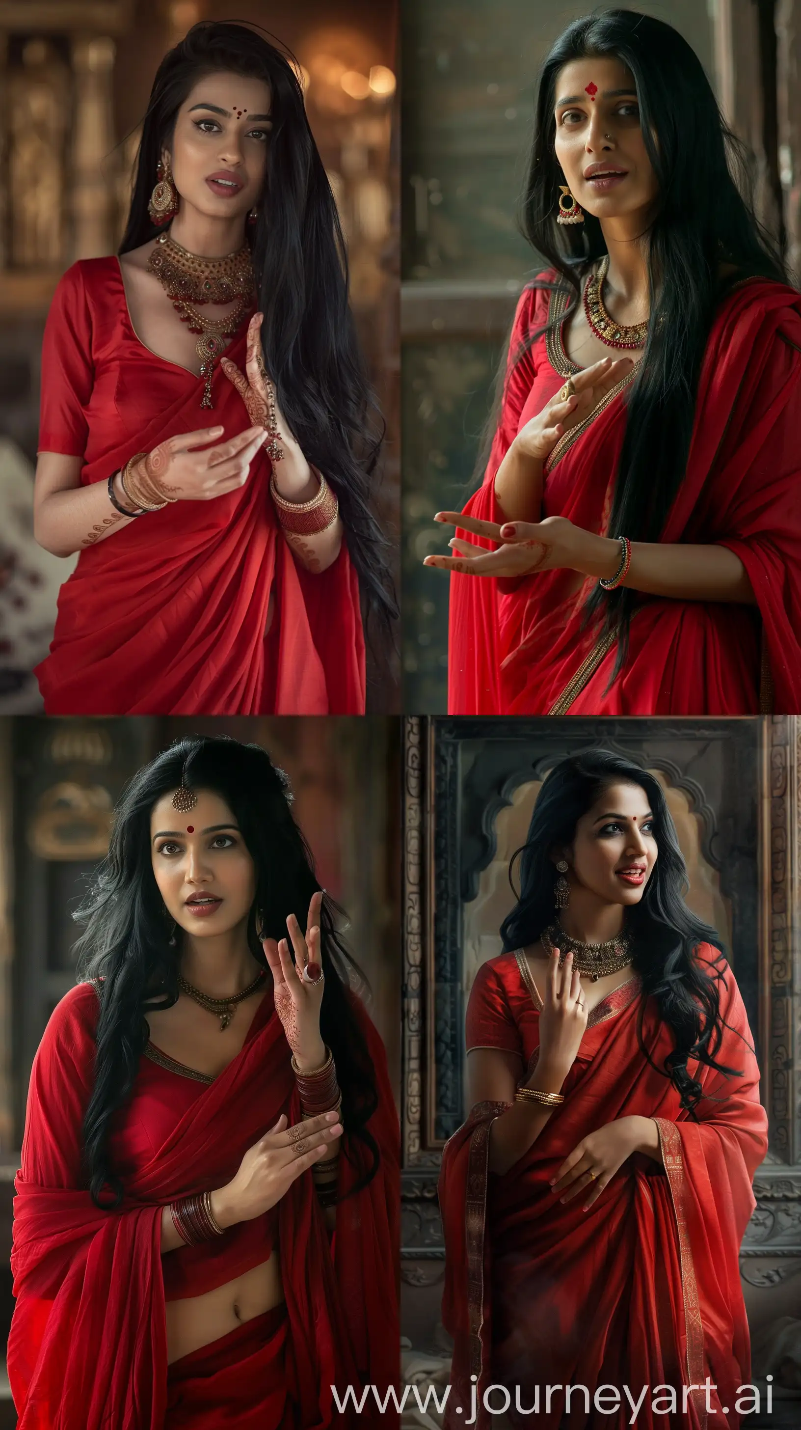 A beautiful Indian woman from ancient times in her thirties in red saree and black long hair,chatting, talking hand gestures,8k quality images, close-up image, intricate details --ar 9:16 