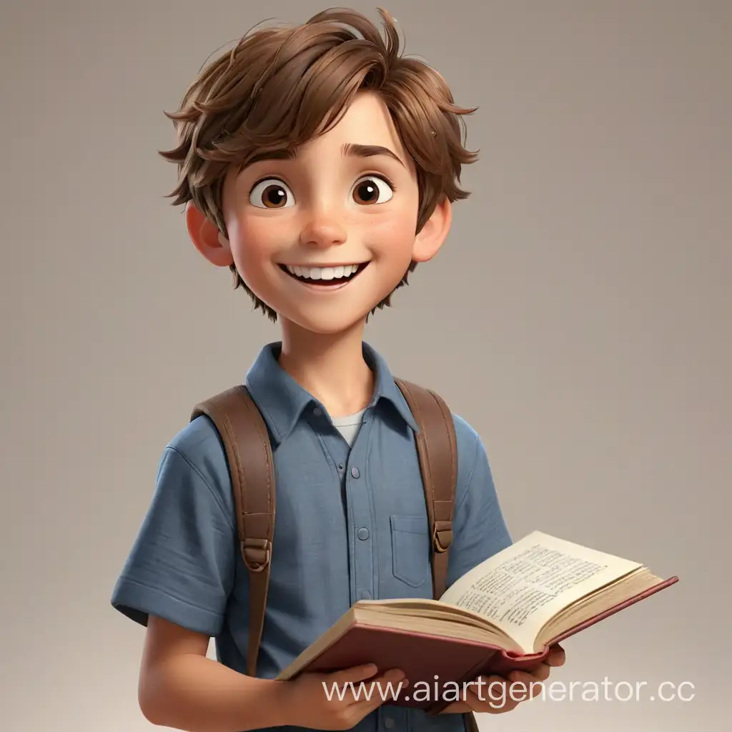 3d 8-year-old boy stands with a book, brown hair, joyful face