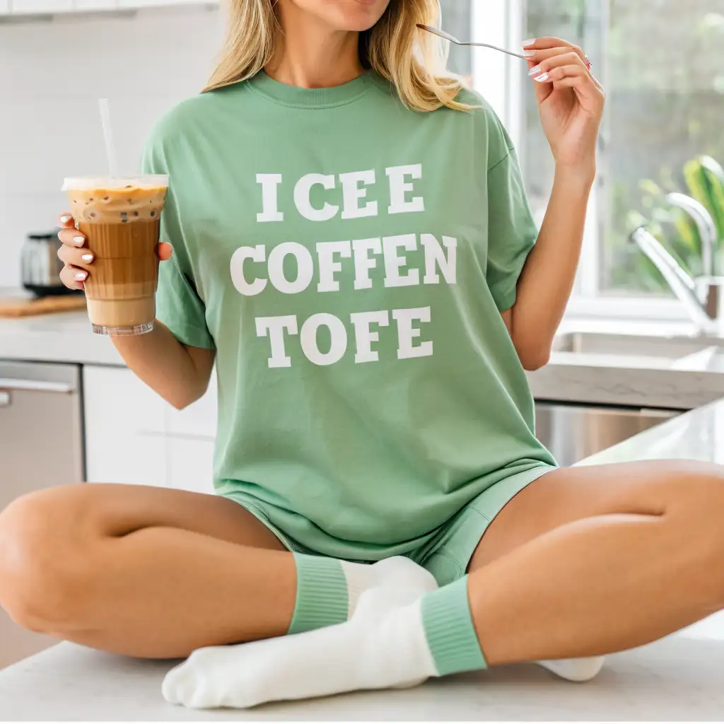 blonde woman wearing gomfort colors light green t-shirt mockup holding a ice coffee, sitting on top of kitchen counter top, wearing socks