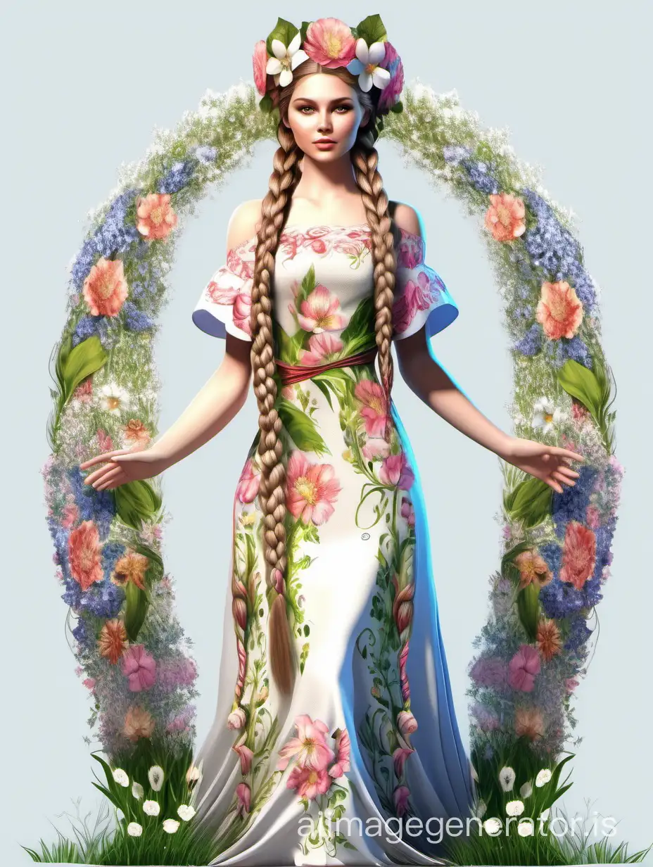 beautiful spring girl, Slavic appearance, flowers are woven into braids, in a magnificent flower dress, high detail, 8K, full-length full body, cartoon computer graphics, on a white background