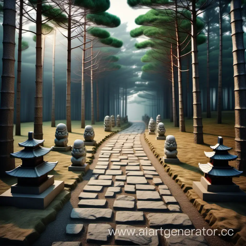 Сосновый лес, каменная тропа между деревьев, небольшие каменные статуи вдоль дороги в стиле японской мифологии, реализм, вечер