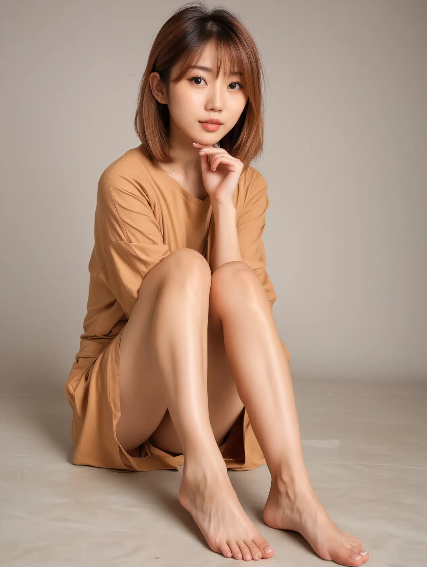 Japanese Girl Posing with CaramelColored Medium Length Hair