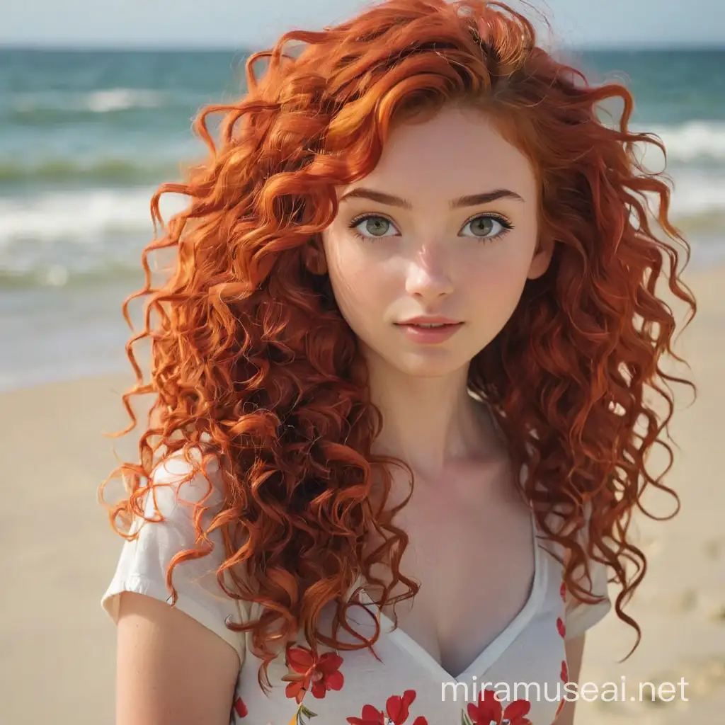 Curly Red Haired Girl Enjoying Seaside Fun
