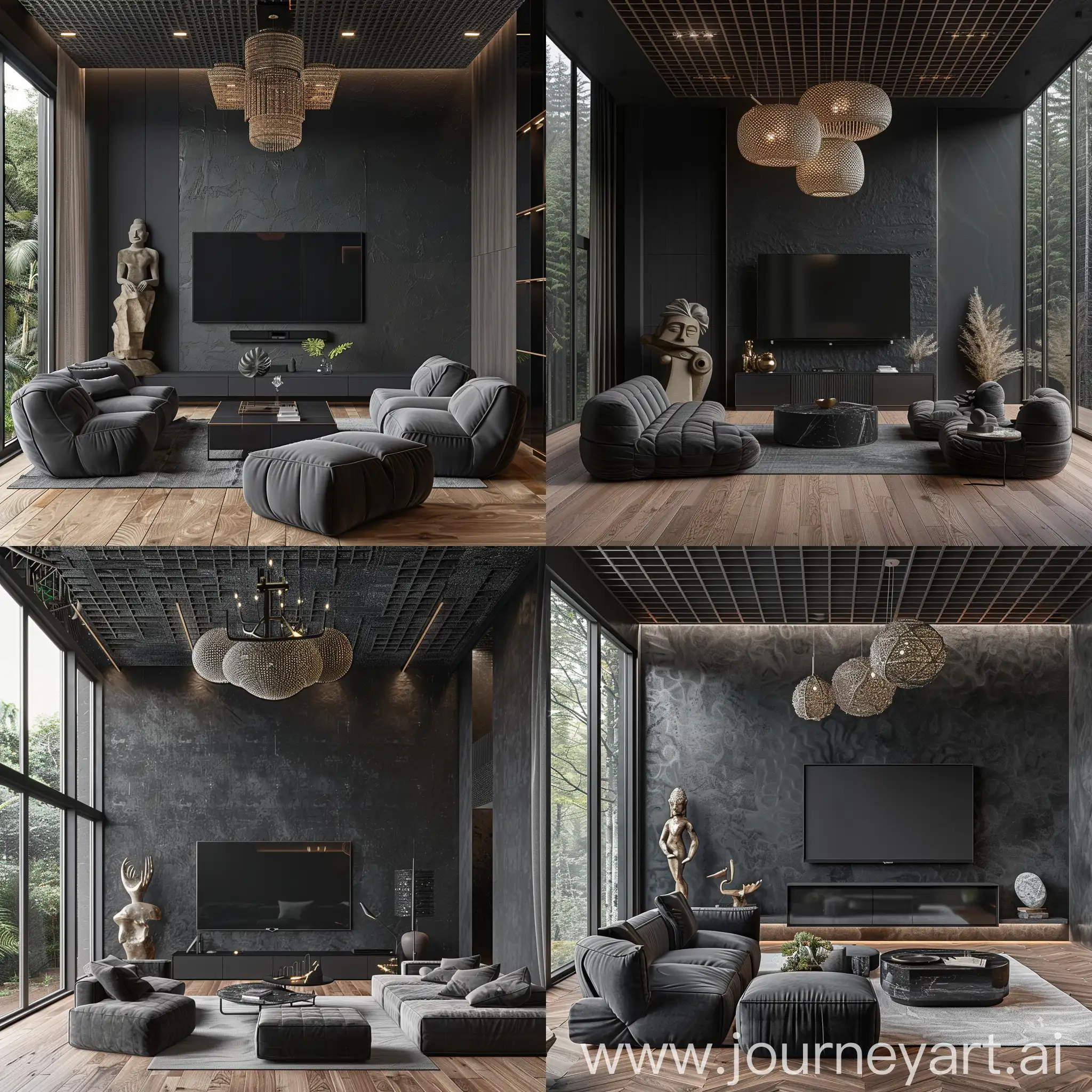 A black gray living room, wooden laminate floor, waffle ceiling, a plaster wall with a TV wall, gray comfortable furniture, modern sculpture, large modern chandelier, soft lighting, decoration, one side of a tall window, in a misty tropical forest, real photo
