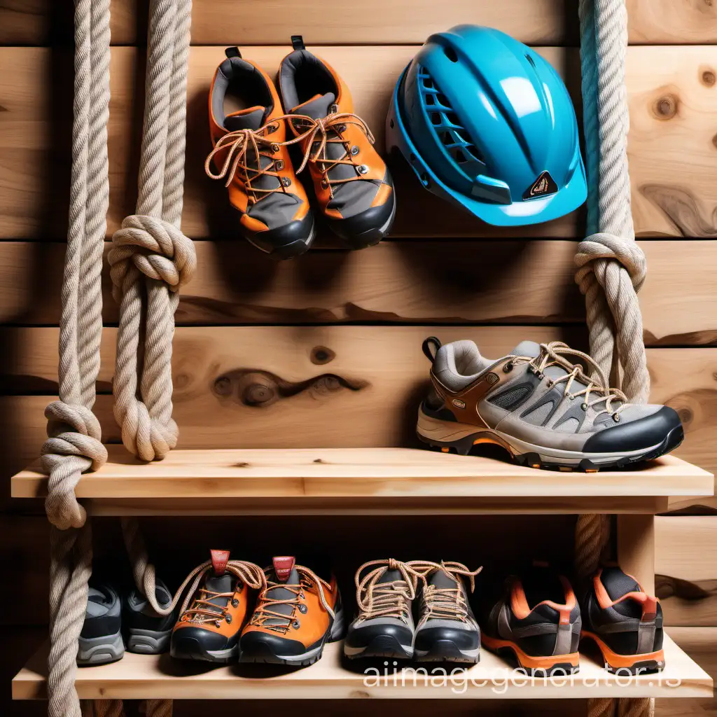 A product placement background of a wooden shelf with rock climbing rope, shoes and helmet set around