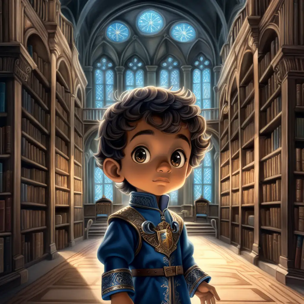 In a dimly lit medieval library hall within the confines of a grand palace, a scene unfolds with charm and whimsy. At its center is a delightful three-year-old prince, his dark brown locks framing a cherubic face adorned with big, expressive brown eyes that twinkle with curiosity. His slightly protruding ears add to his endearing appearance as he embarks on a miniature adventure.  With the grace of youthful enthusiasm, the prince clambers upon a sturdy bookshelf adorned with weathered tomes, its shelves lined with tales of yore and ancient wisdom. Amongst the books lie scattered wooden toys, remnants of playtime past, inviting further exploration and imagination.  The backdrop of the library sets an eerie yet enchanting tone, with shadows dancing along the rows of shelves and secrets whispered in the air. Here, amidst the hushed whispers of knowledge, stand towering suits of armor adorned in hues of blue and silver, silent sentinels guarding the repository of stories and legends.  As the young prince ascends the bookshelf, his small figure silhouetted against the faint glow of candlelight, the air crackles with anticipation, each creak of wood echoing through the vastness of the hall. In this moment, innocence and wonder converge, weaving a tapestry of enchantment against the backdrop of the ancient library's hallowed halls.