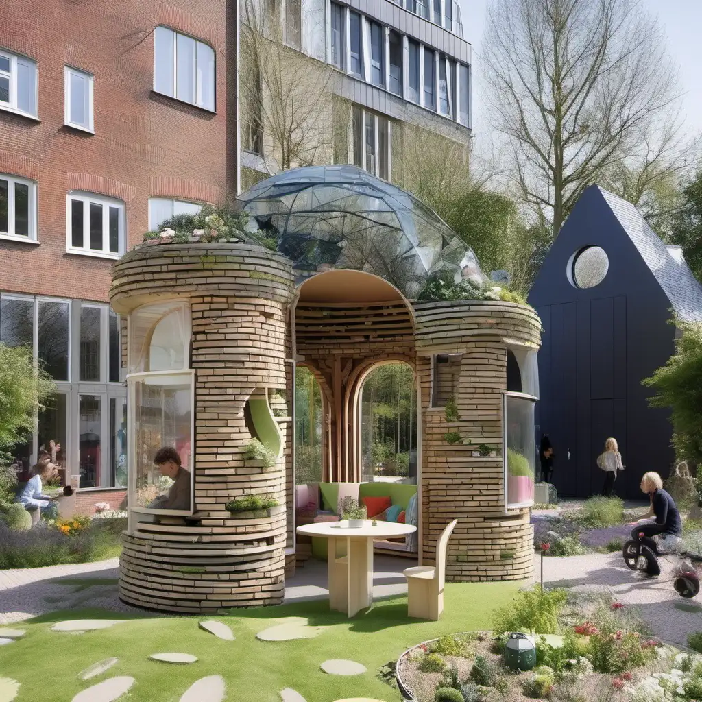 Imagine a garden folly in de style of MVRDV architect, in this garden. Reuse building materials .To live in for two people. It's a sunny day.