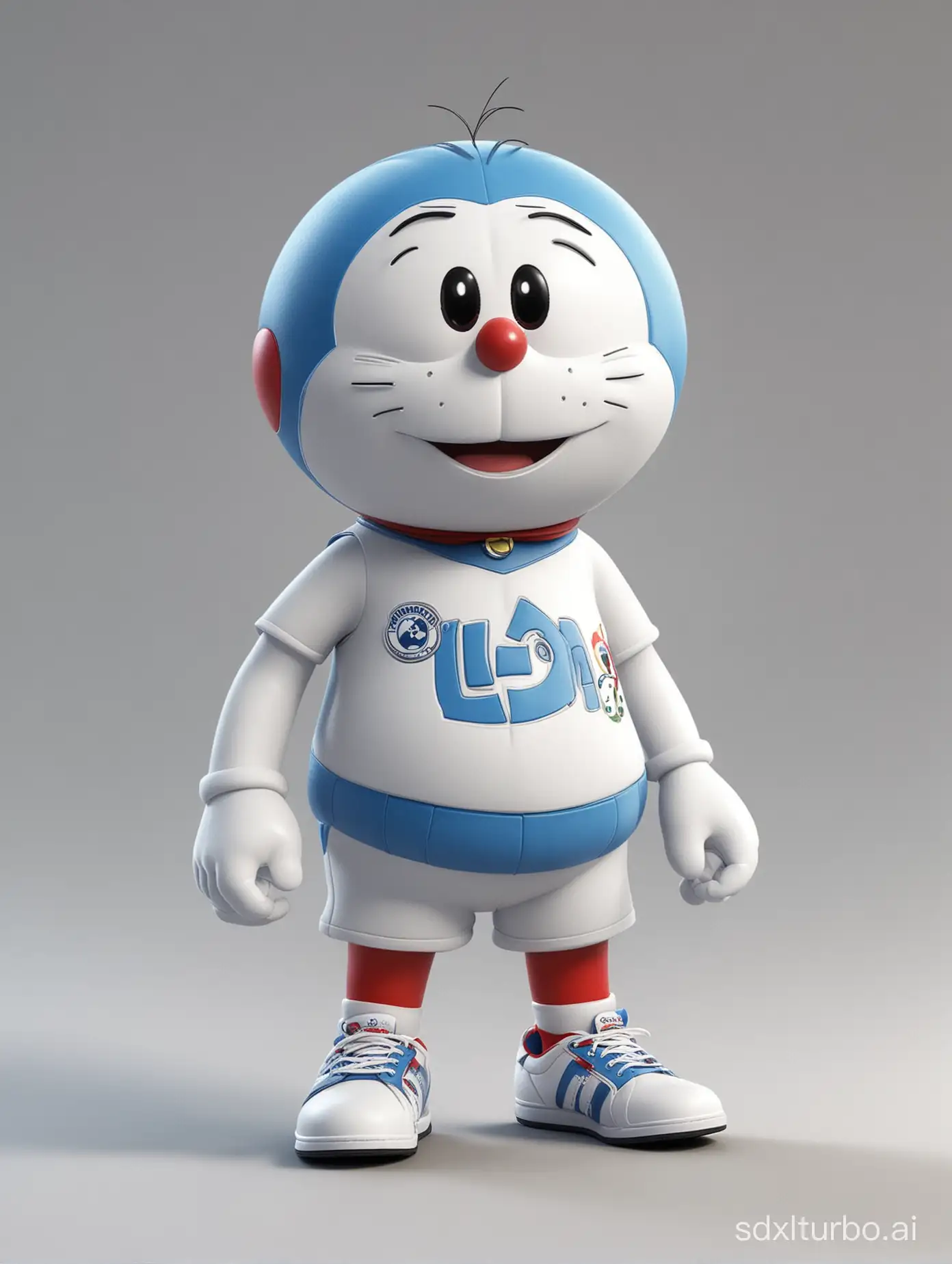 Indonesian-Doraemon-Mascot-in-Real-Madrid-TShirt-and-Shoes