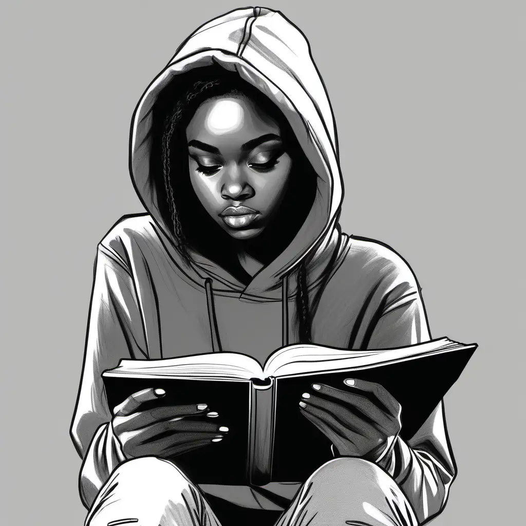sketch drawing of a teenage black girl with straight hair reading a book, wearing a hoodie, black and white image, no background
