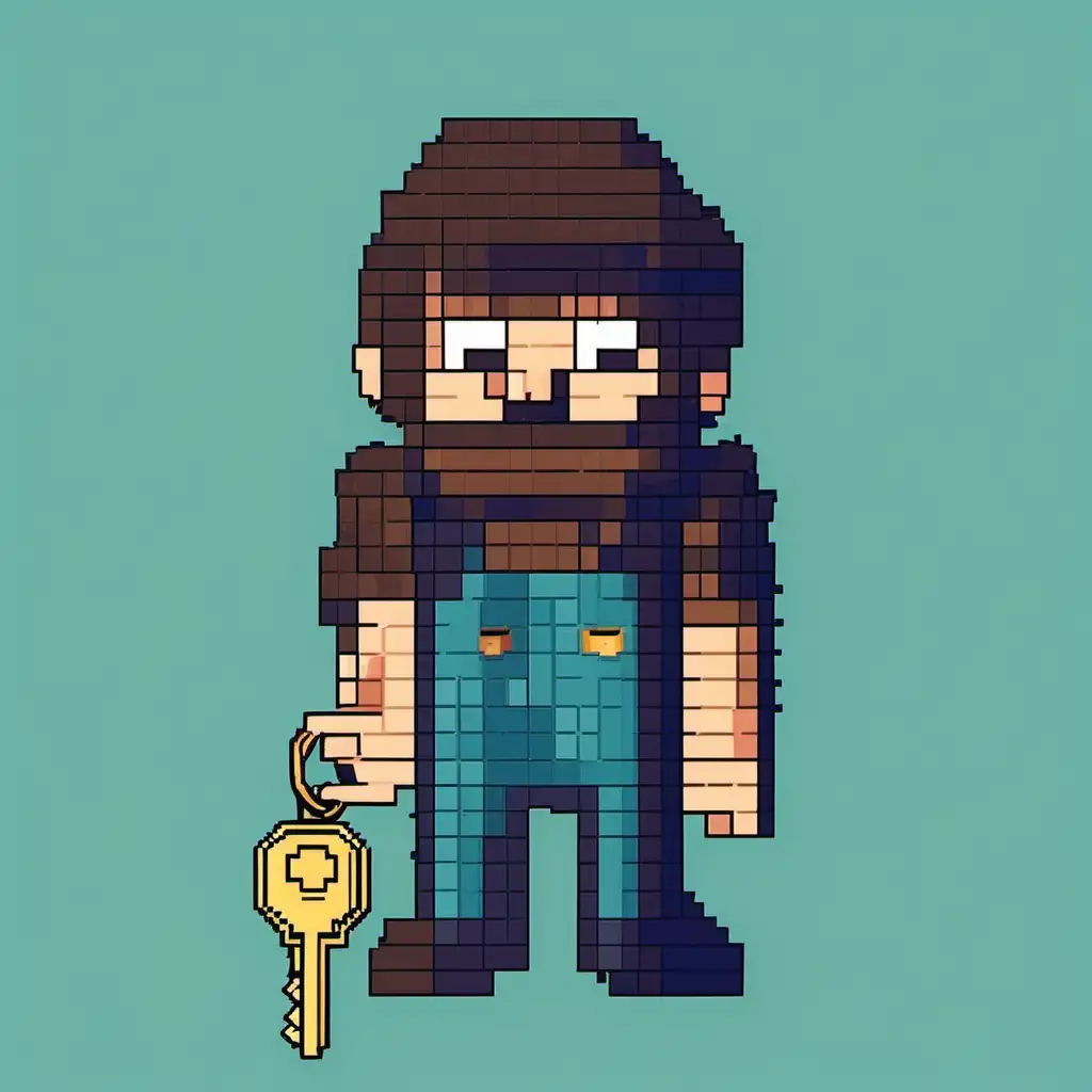 picture of a man holding a key, in 8 bit graphics style