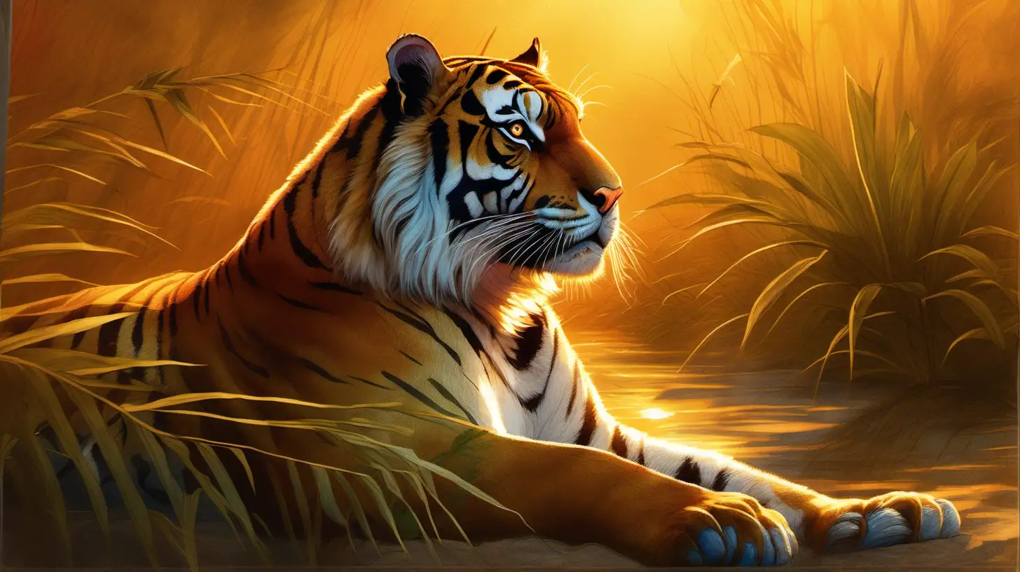 Illustrate a regal tiger basking in the golden light of the setting sun, surrounded by lush vegetation, with each strand of fur catching the warm hues of the evening glow
