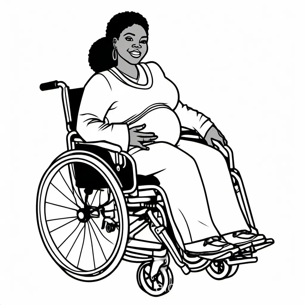 Wheelchair pregnant African American woman, Coloring Page, black and white, line art, white background, Simplicity, Ample White Space. The background of the coloring page is plain white to make it easy for young children to color within the lines. The outlines of all the subjects are easy to distinguish, making it simple for kids to color without too much difficulty