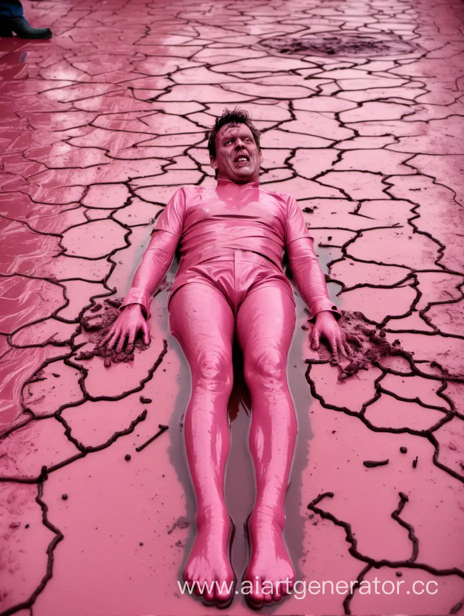 Трусливый и ленивый человек в луже с розовой грязью