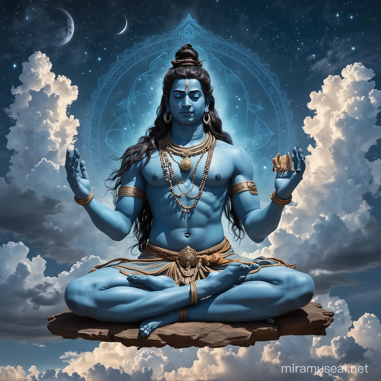 Create an image depicting Shiva, the Hindu deity, seated atop the vast expanse of the sky. Show Shiva in a serene meditative posture, with his legs crossed and hands in a mudra of contemplation. His divine form should be adorned with celestial ornaments and symbols, including a crescent moon in his matted hair, a garland of serpents around his neck, and the third eye on his forehead. Surround Shiva with wisps of clouds and celestial beings paying homage, with the sky transitioning from shades of blue to hints of cosmic darkness. Capture the sense of divine tranquility and cosmic presence emanating from Shiva as he gazes benevolently upon the universe.