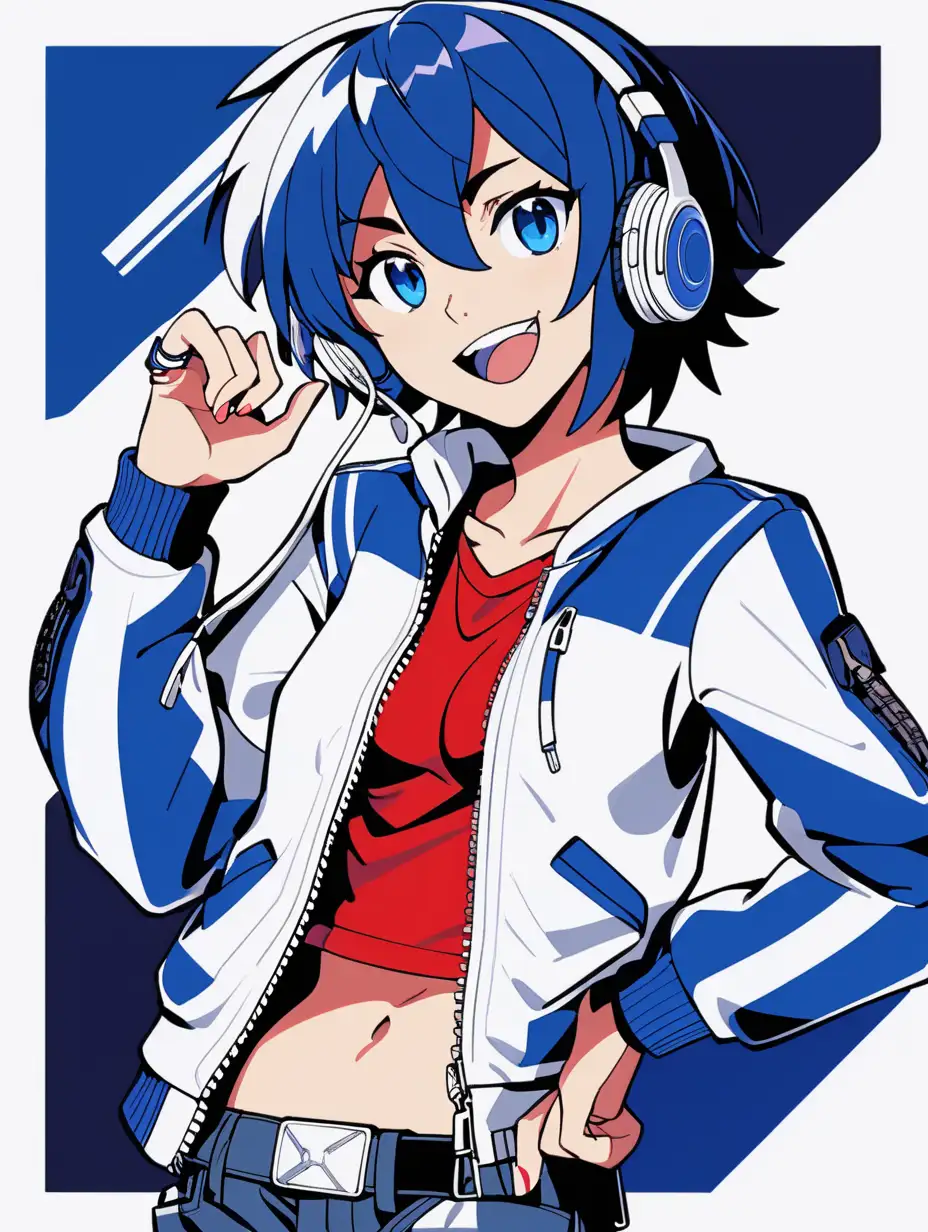 ryuko matoi blue eyes sexy midriff white jacket navy blue sleeves short hair with blue highlights laughing listening to music posterized halftone red black white 3 color minimal design full body