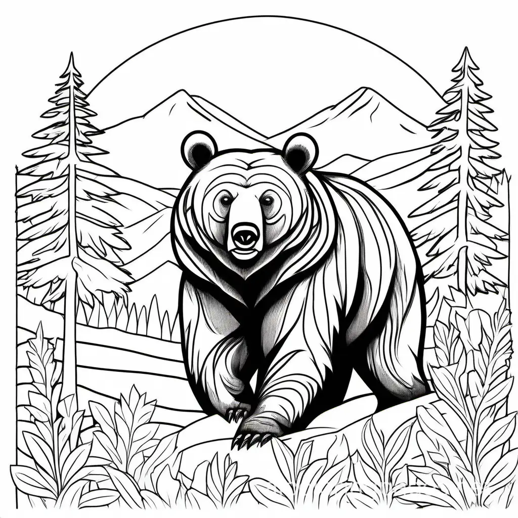 The grizzly bear, Coloring Page, black and white, line art, white background, Simplicity, Ample White Space. The background of the coloring page is plain white to make it easy for young children to color within the lines. The outlines of all the subjects are easy to distinguish, making it simple for kids to color without too much difficulty