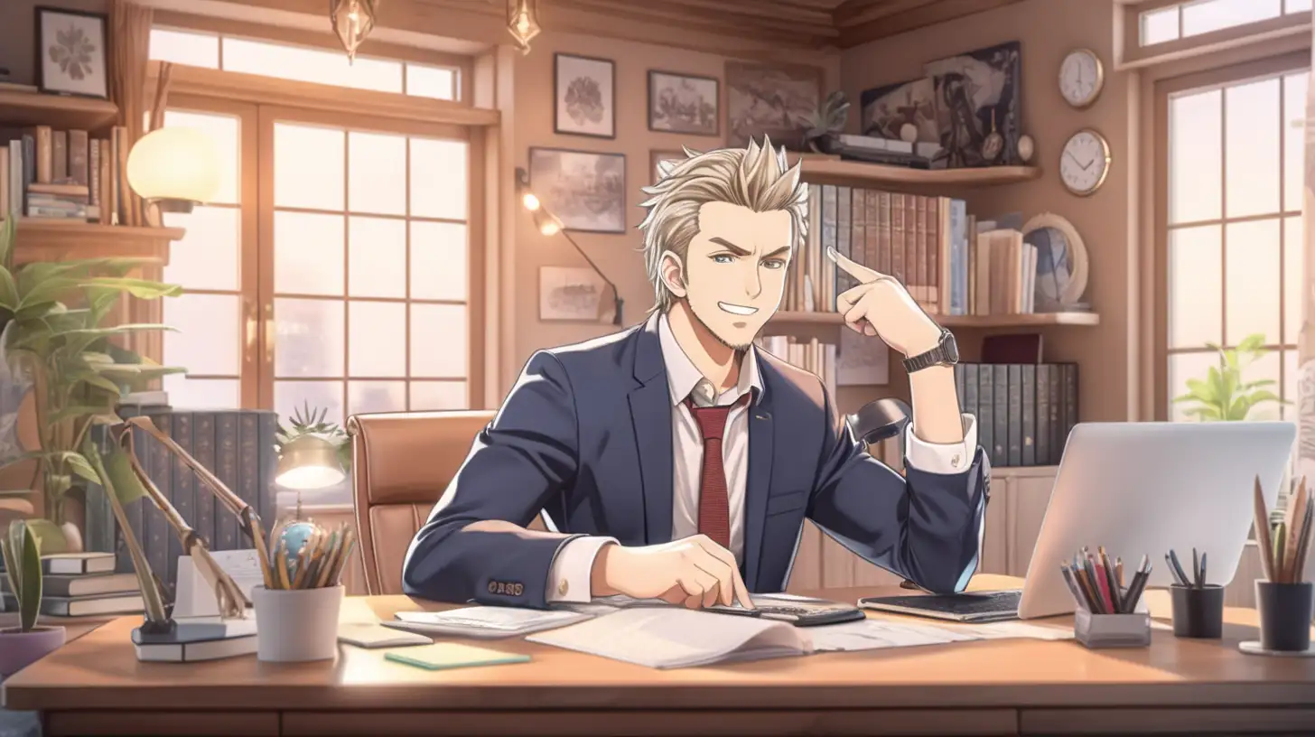 in anime style, a successful man in his beautiful home office, happy with his good decision