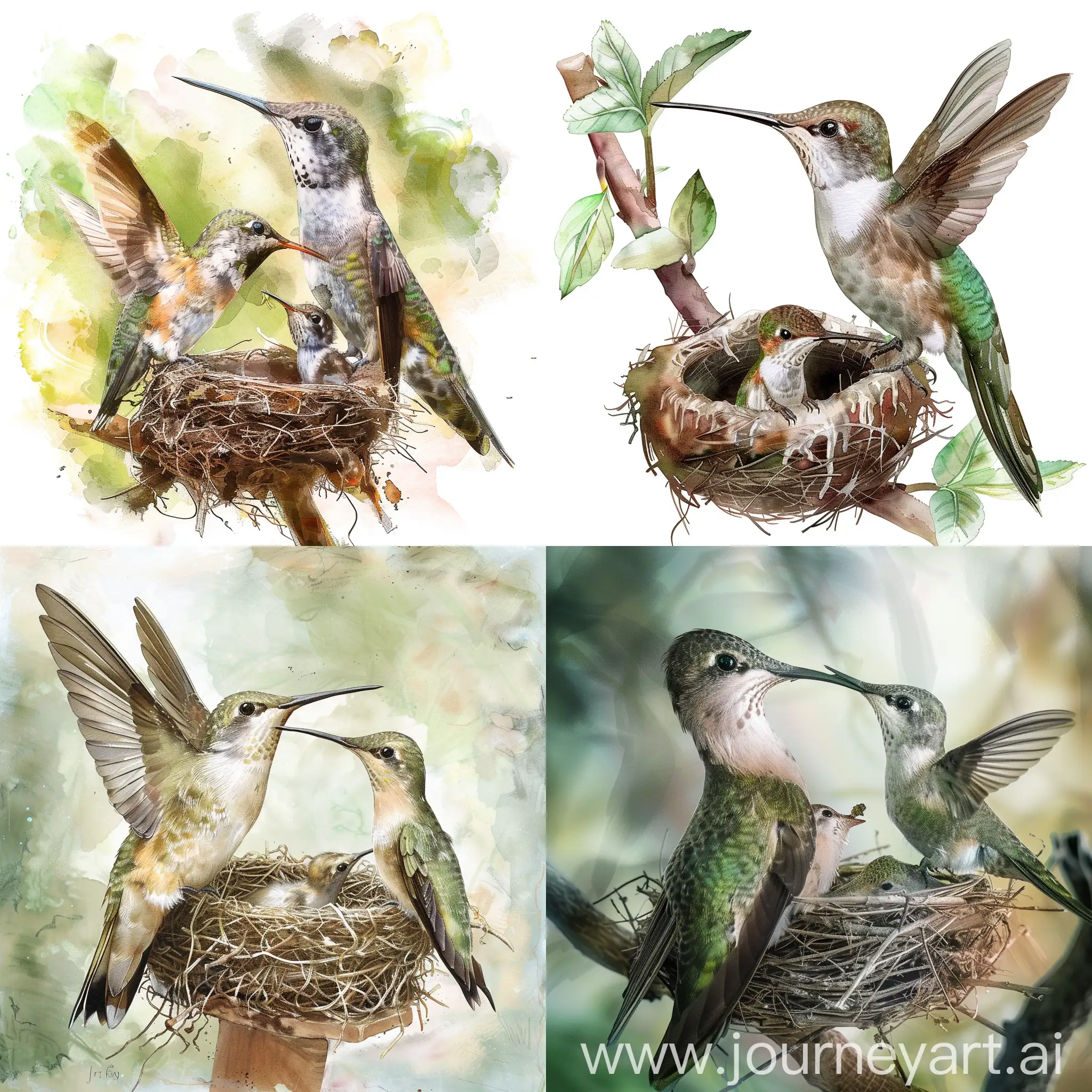 mother hummingbird feeding baby in nest, spring, nature, morning light, in watercolor style, high quality design