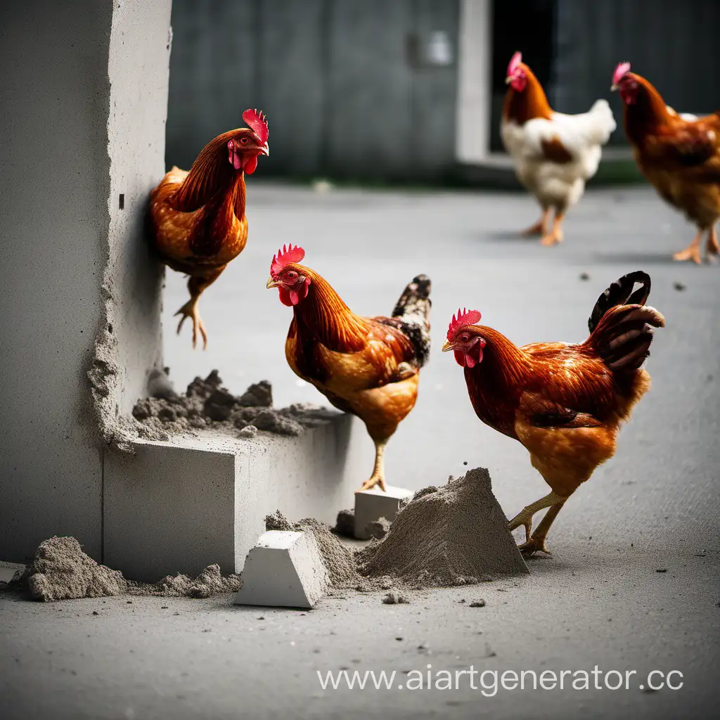 Курицы разбирают бетонный фрагмент