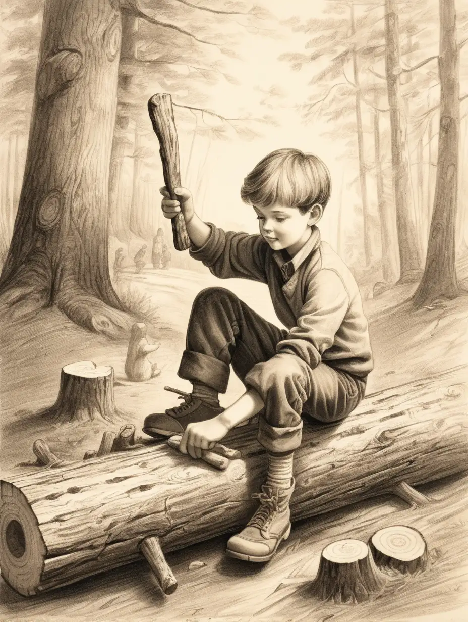 男孩在圆木上雕刻



