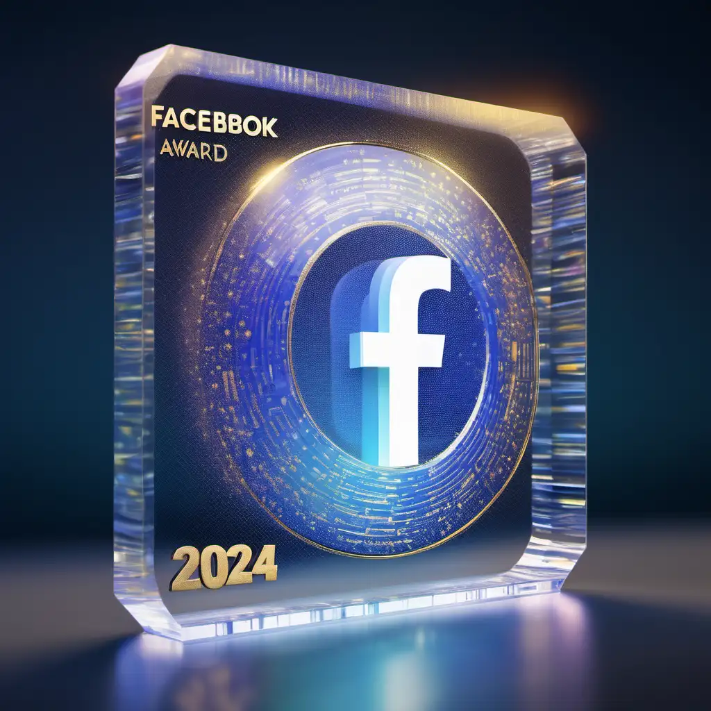 A transparent plaque labeled "FACEBOOK AWARD 2024", with a small gold circle depicting Instagram logo, a holographic rectangular box display with a QR CODE and the FACEBOOK LOGO, a username "AYWC MEDIA," a WHITE and gold background, transparent hologram,  high quality scanner