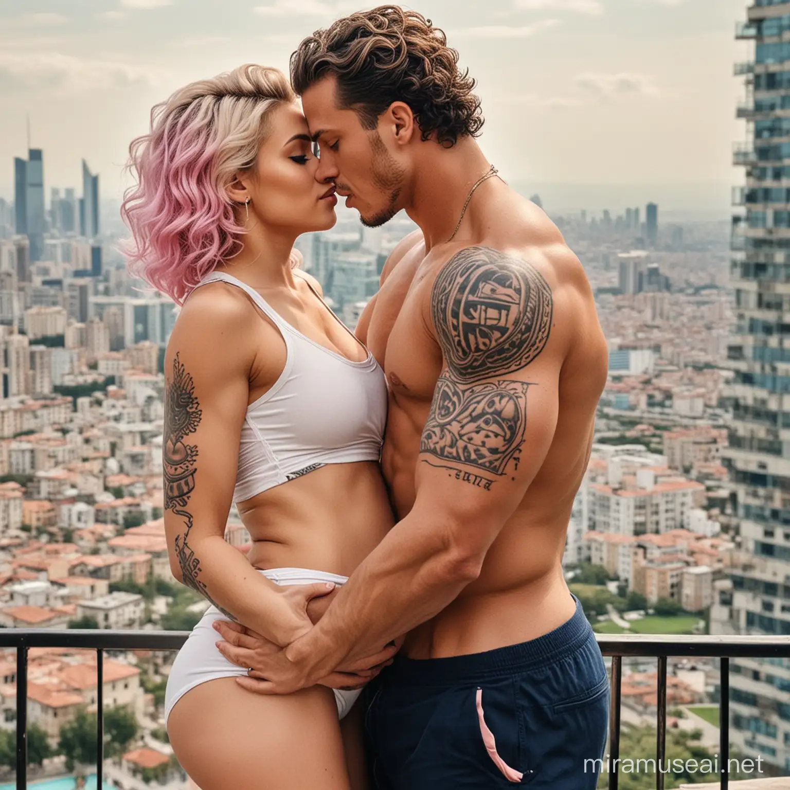 generate a picture of a muscular man who is a football player, has a checkered stomach and a big penis, has light brown short curly hair and blue color, he has tattoos on his arms. This man has a beautiful wife who is pregnant, the woman is blonde and pink, her hair is blue, they are very rich, the woman is the daughter of a king 👑, and the man is a talented soccer player. in the background a large skyscraper is visible from their luxurious 7-story high villa. The woman should be pregnant and show it  the man's cute wife is also with him  ♥️♥️the woman and the man are kissing  