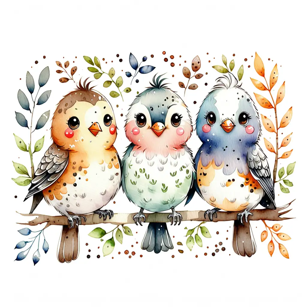 Adorable HandDrawn Kawaii Style Woodland Birds in Watercolor
