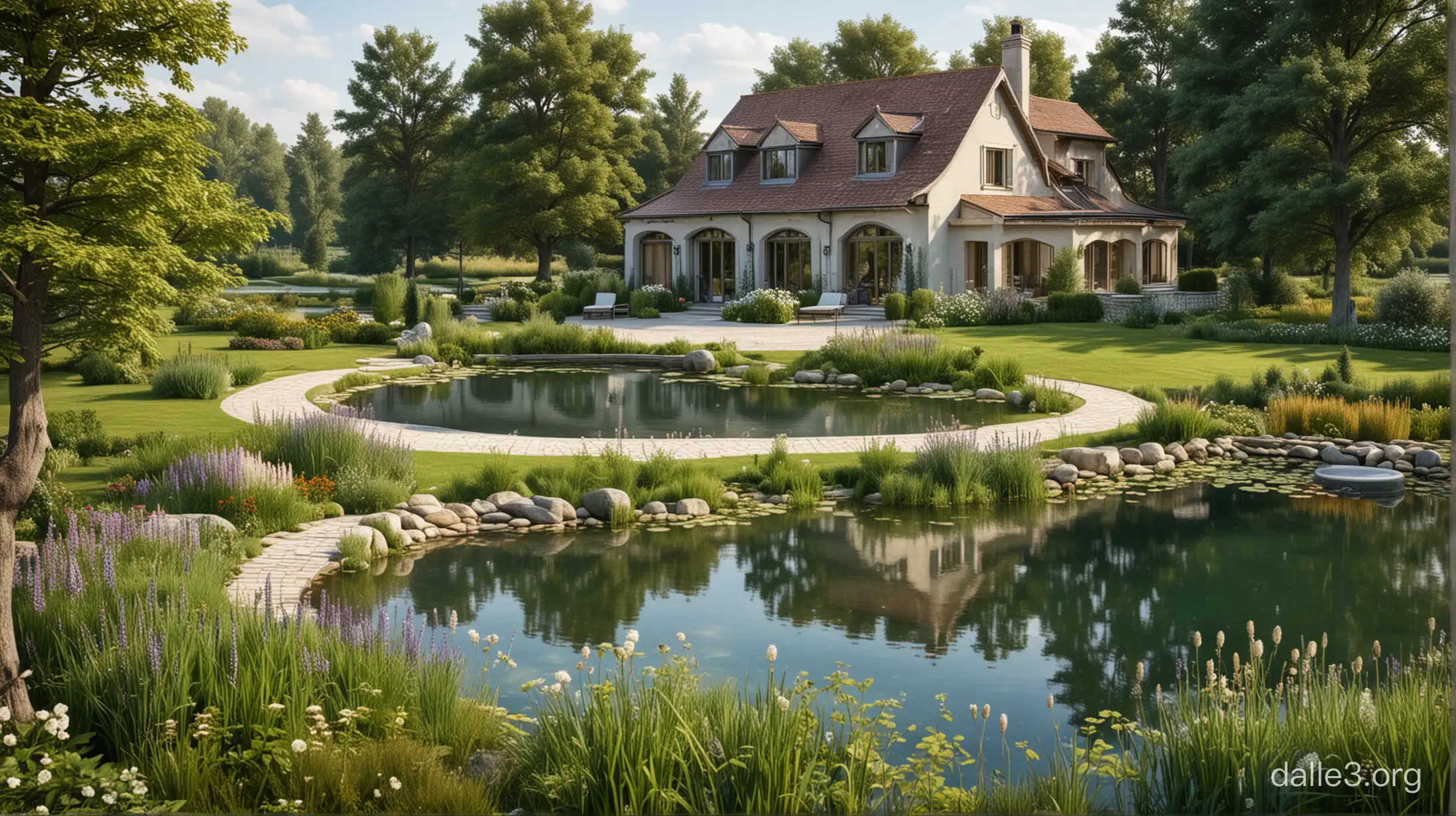 landscape design of a country house with a small lake