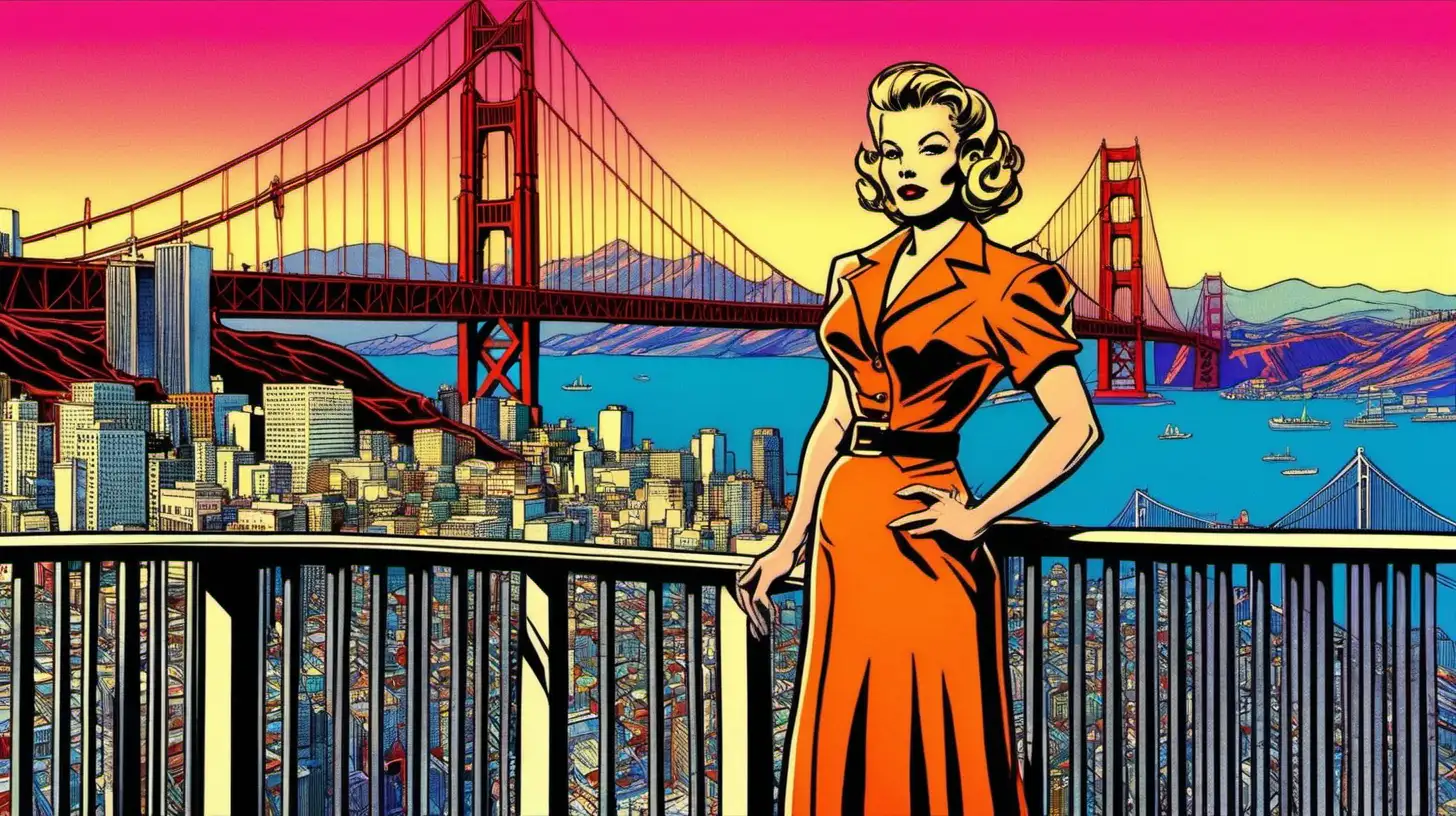 Natalie Masters as Candy Matson, circa 1950, standing in downtown San Francisco with the Golden Gate Bridge in the background, neon, Art Nouveau art style.