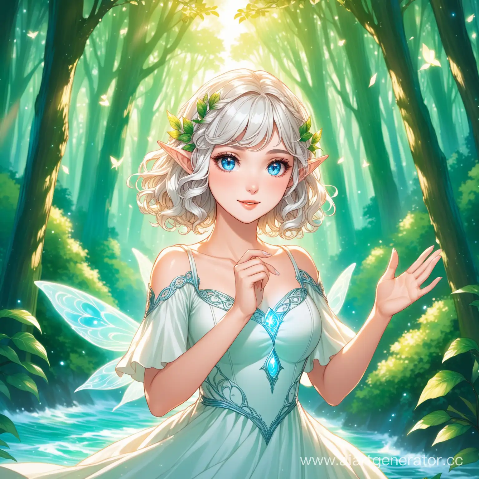 Девушка со светлыми кудрявыми короткими волосами и эльфийскими ушами, с голубыми глазами в белом платье, с блестящим макияжем на фоне сказочного леса машет рукой