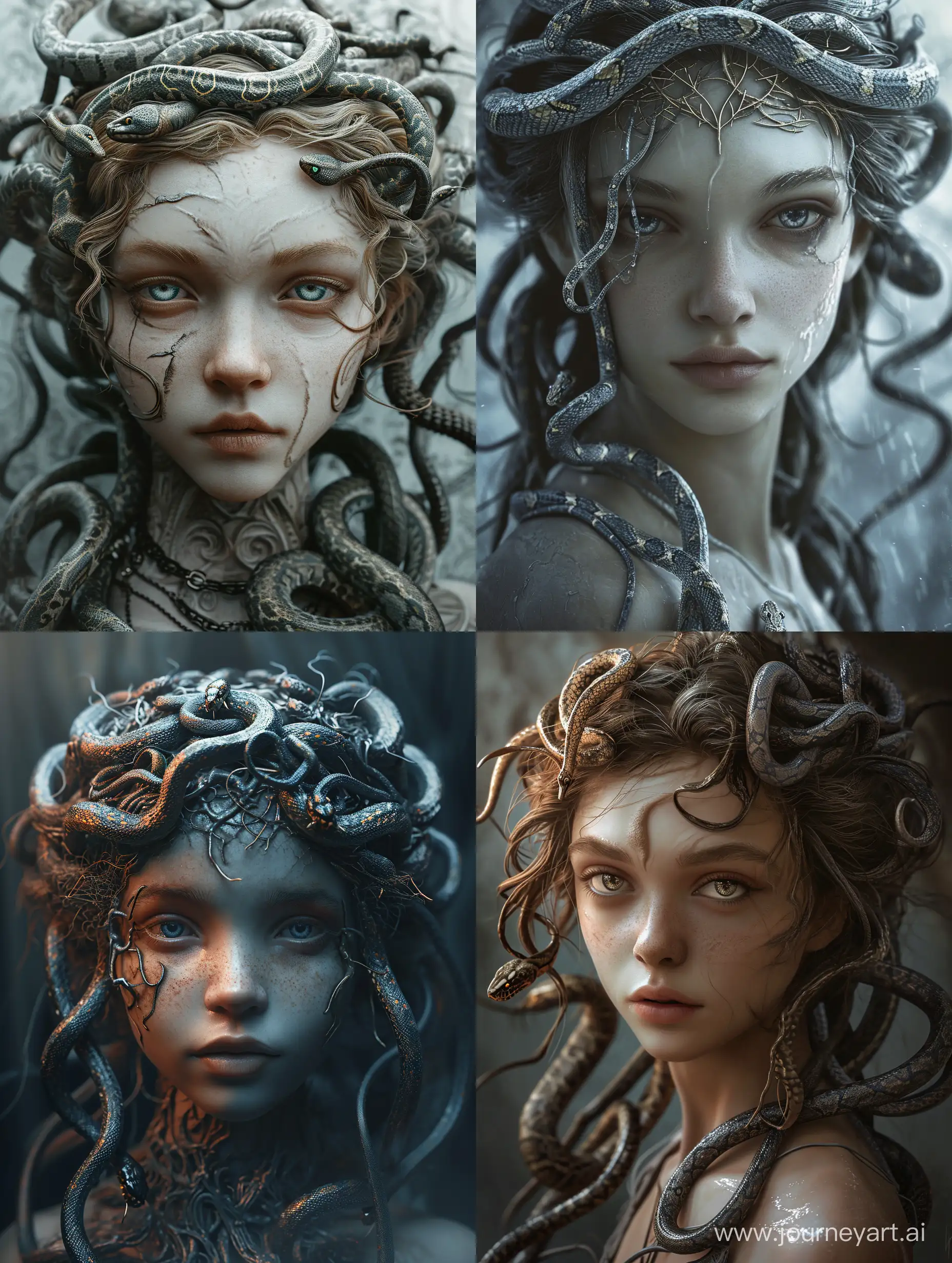 Medusa, young and beautiful goddess with snakes in her hair, ethereal, masterpiece, HD, highly detailed, intricate, aesthetic, artstation, stunning visuals 