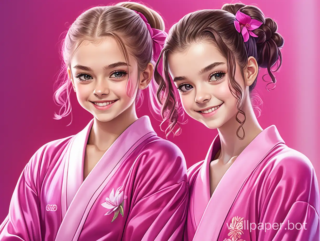 Юлия Липницкая, Евгения Медведева улыбаются в шелковом халате цвета розовая фуксия в аниме стиле