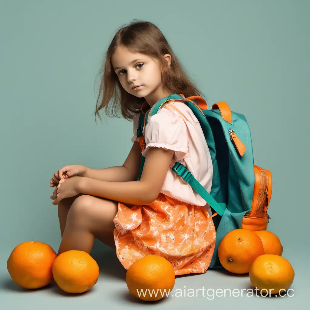A girl in a summer dress with a mandarin backpack sits on a tangerine duck