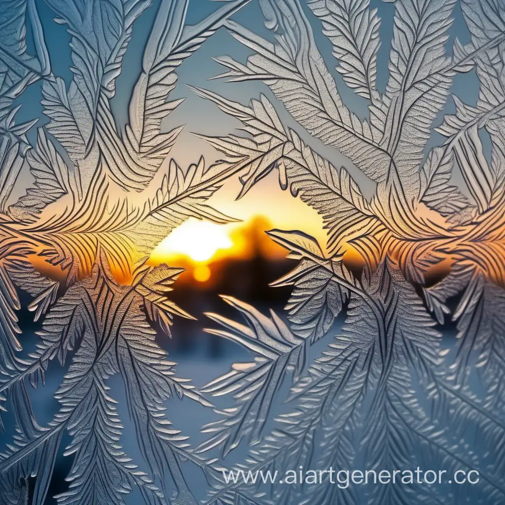 Красивые морозные узоры на окне на заходе солнца