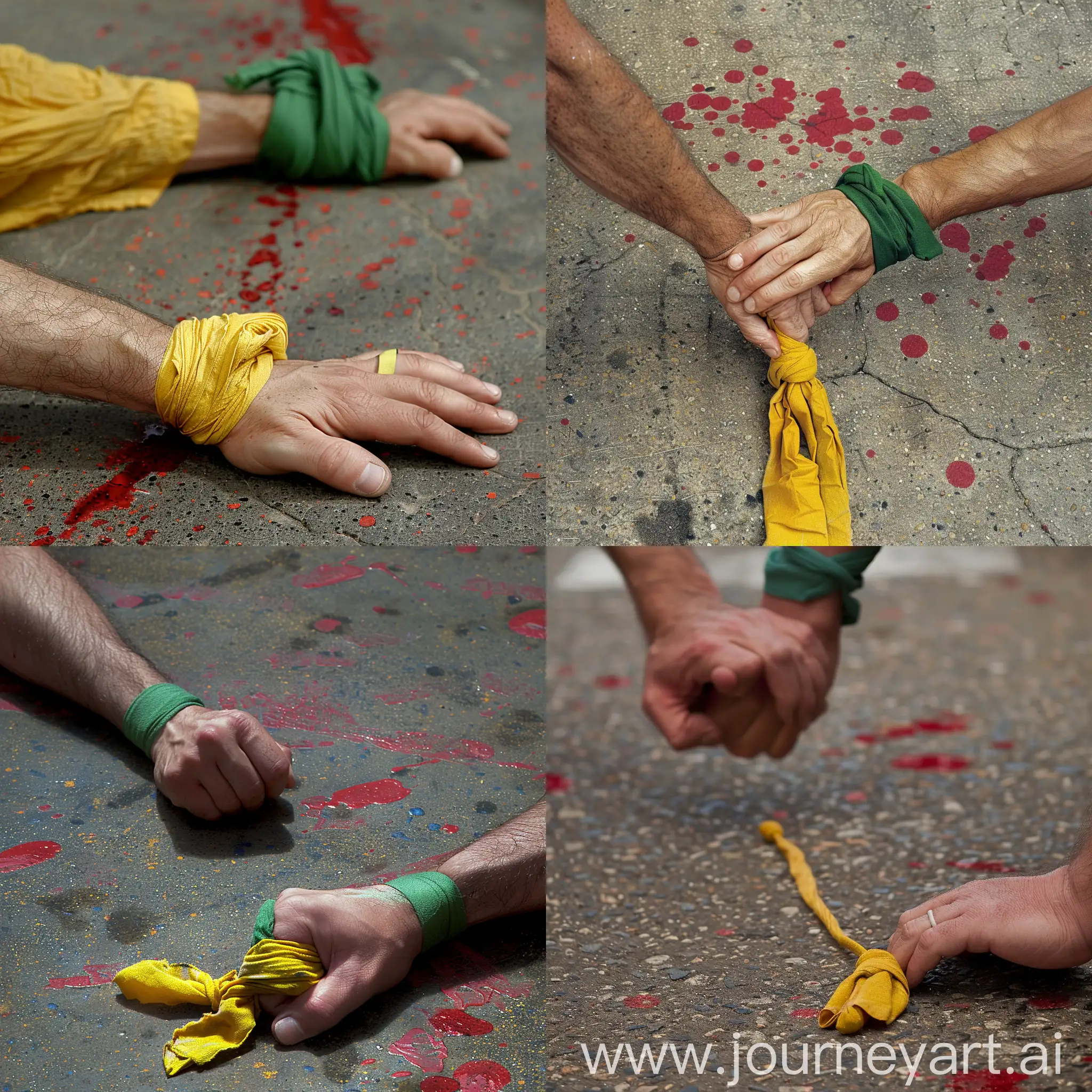 On the asphalt floor, at the bottom there is a man's hand at the joint with a yellow cloth band tied, at the top there is another man's hand with a green cloth band tied at the joint.  On the ground there are red spots.
